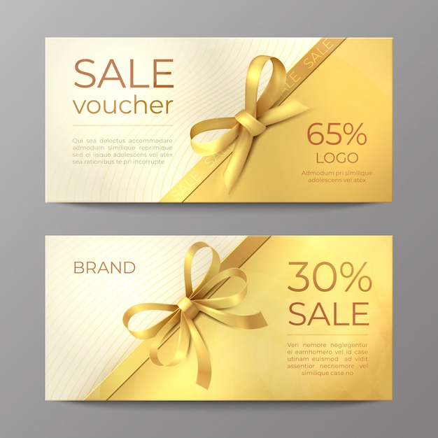 Luxury voucher card. golden ribbon certificate, elegant celebration coupon, discount promotion flyer. realistic