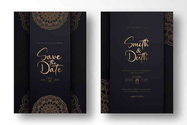 Vector luxury wedding card template design with luxury mandala in outline style