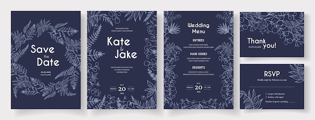 Vector luxury wedding cards collection with herbs, eucalyptus and fern branches hand drawn with beige ink o