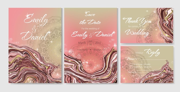 Luxury wedding cards with gold mandala and pink marble with golden cracks.