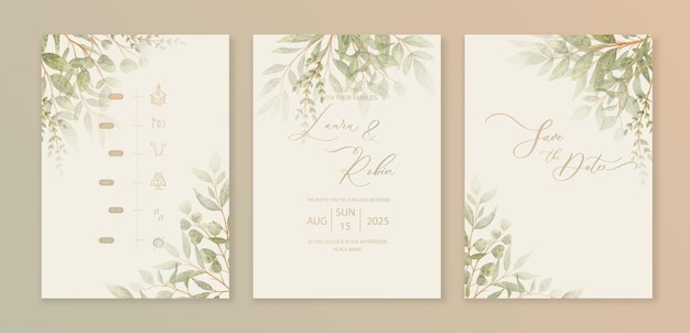 Luxury wedding invitation card background with green watercolor botanical leaves