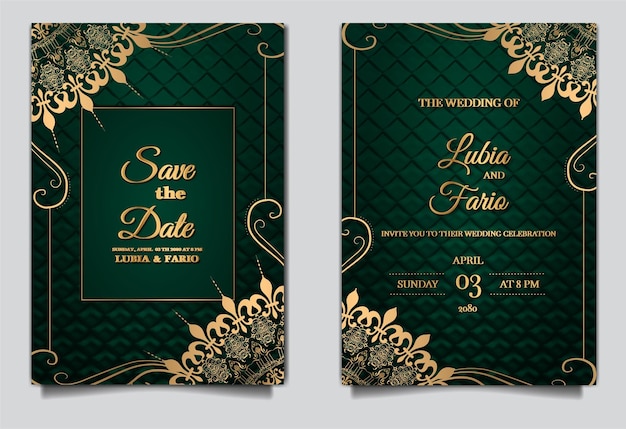 Luxury wedding invitation card embossed paper template design set