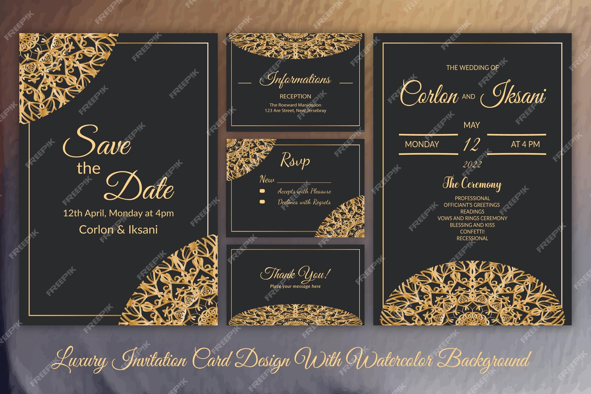 Premium Vector | Luxury wedding invitation card set design with water color  background premium vector