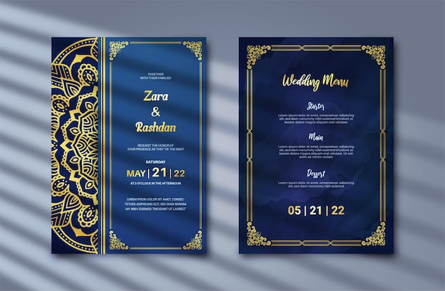 Luxury wedding invitation card with baroque frame and golden mandala on dark blue background