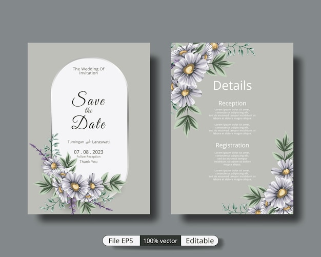 Luxury wedding invitation card with combination of leaves and daisy flower 03