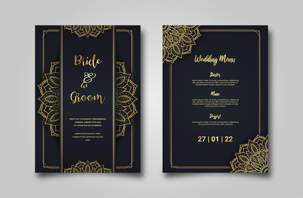 Luxury Wedding invitation card with golden mandala ornament on black background Elegant invitation