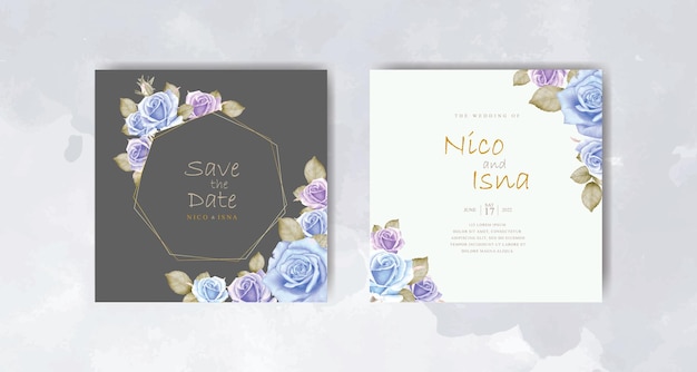 luxury wedding invitation card with purple blue watercolor