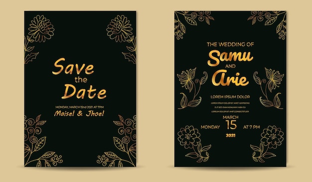 Luxury wedding invitation cards template with golden flowers line