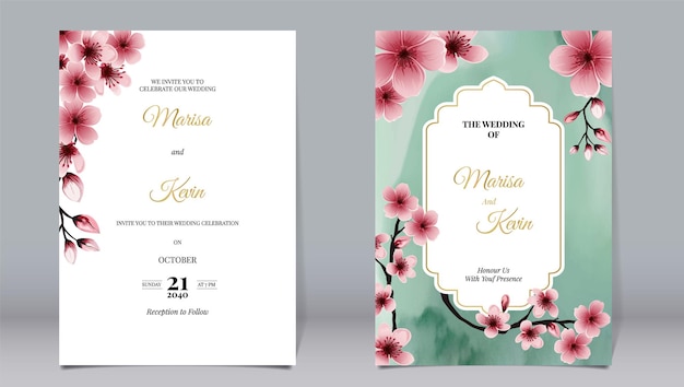 Luxury wedding invitation cherry blossoms on watercolor background