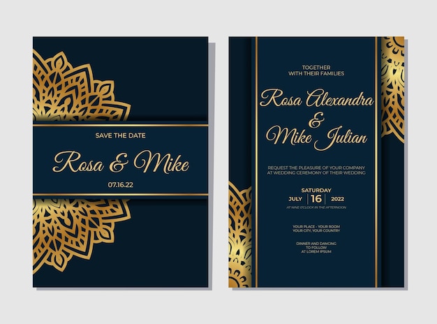 Luxury wedding invitation template with gold mandala decoration