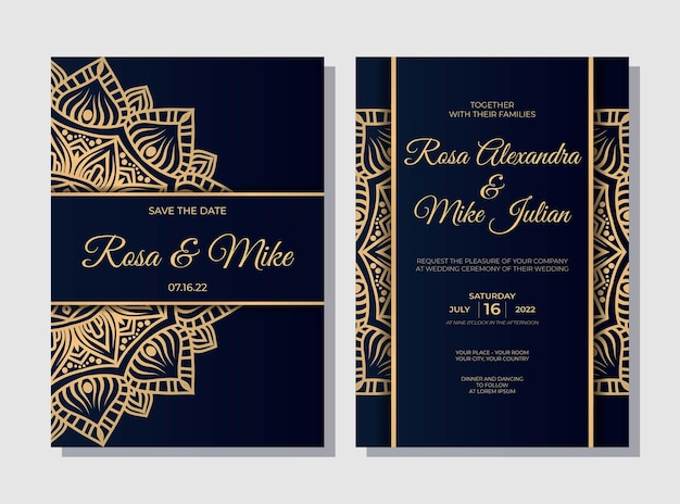 Vector luxury wedding invitation template with gold mandala decoration