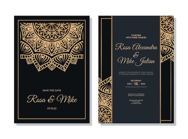 Luxury wedding invitation template with gold mandala decoration