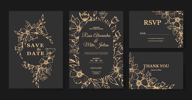 Luxury wedding invitation template with outline hand drawn floral