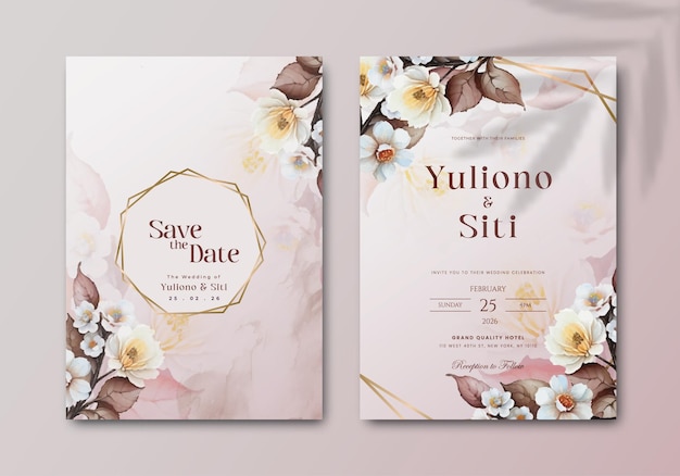 luxury wedding invitation template with soft color background and white flower vector