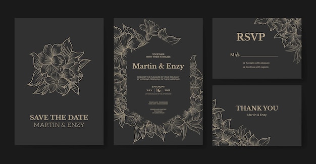 Vector luxury wedding invitation with beautiful line art flower template
