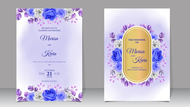 Luxury wedding invitation with blue flowers and watercolor background