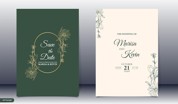 ゴールド ライン スタイルのミニマリストの花プレミアム ベクトルと豪華な結婚式の招待状