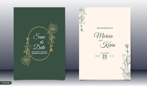 Luxury wedding invitation with gold line style minimalist floral premium vector