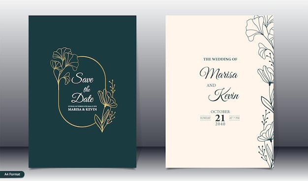 Vector luxury wedding invitation with gold line style minimalist floral premium vector