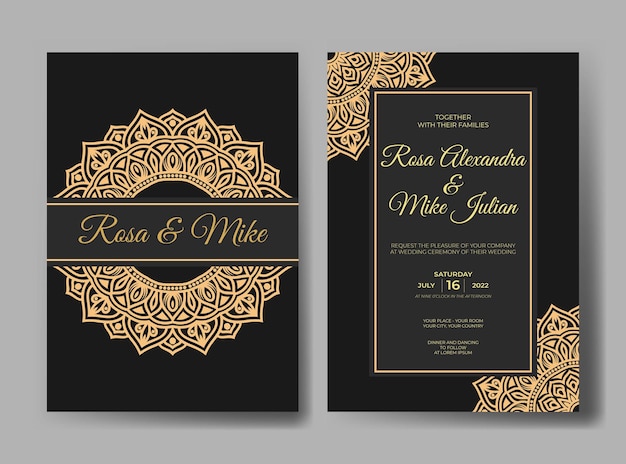 ゴールドの曼荼羅デザインの豪華な結婚式の招待状