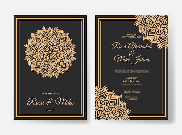 Luxury wedding invitation with gold mandala design