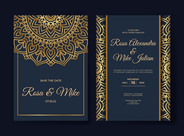 Luxury wedding invitation with gold mandala design