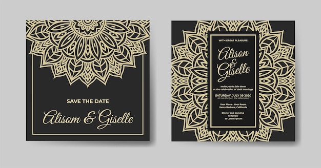 Luxury wedding invitation with gold mandala design