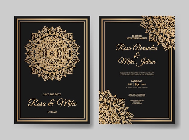 Luxury wedding invitation with gold mandala design