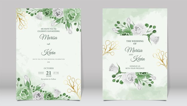 Luxury wedding invitation with green roses and watercolor background