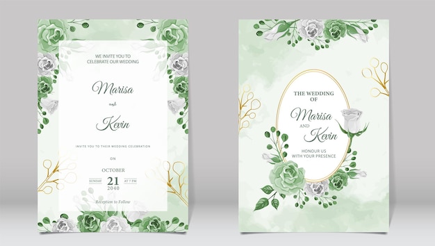 Luxury wedding invitation with green roses and watercolor background