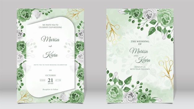 Luxury wedding invitation with green roses and watercolor background