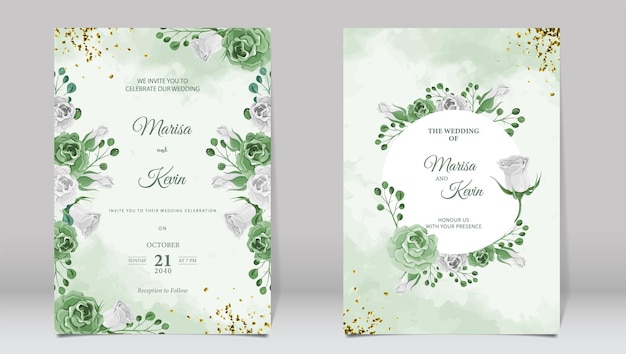 Luxury wedding invitation with green roses and watercolor background