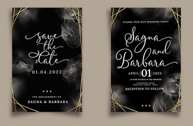 Vector luxury wedding invitation with grey alcohol ink and gold line