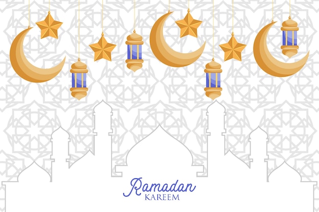 Vector luxury white islamic ramadan kareem illustration with mandala and gold lantern