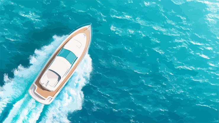 Vector luxury white yacht sailing on turquoise waves top view