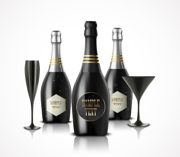 Luxury wineglass and champagne wine bottles illustration