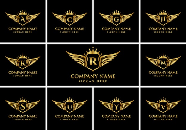 Luxury wing emblem alphabets logo set with crest Gold color Logo 