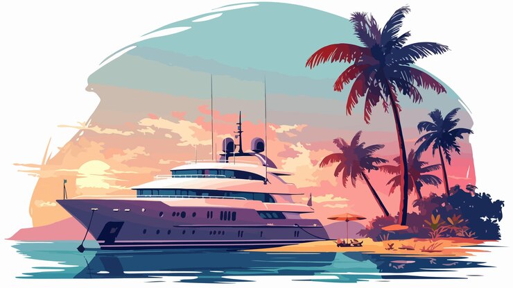 Vector luxury yacht anchored near tropical island at sunset