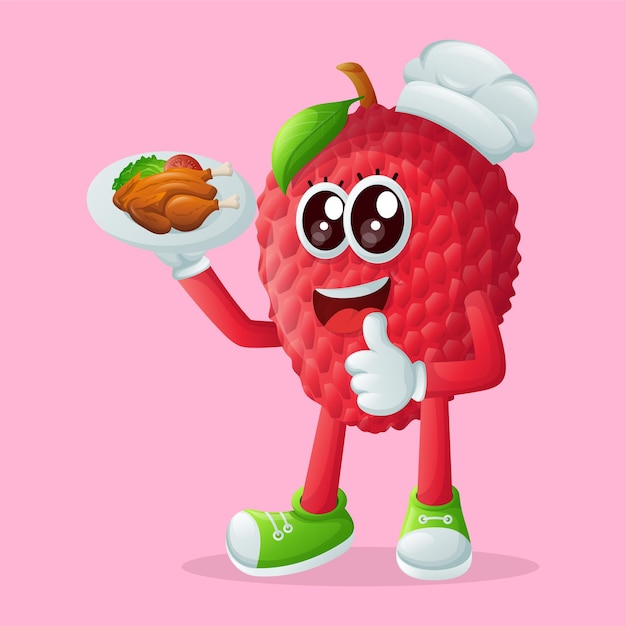 Personaggio di lychee che serve cibo perfetto per la promozione di merchandise e banner adesivi per bambini