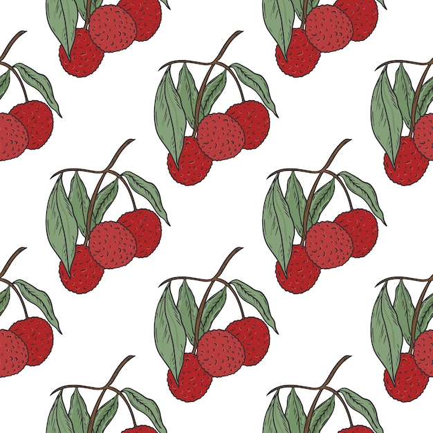 Lychee fruit on twig seamless pattern vector illustration