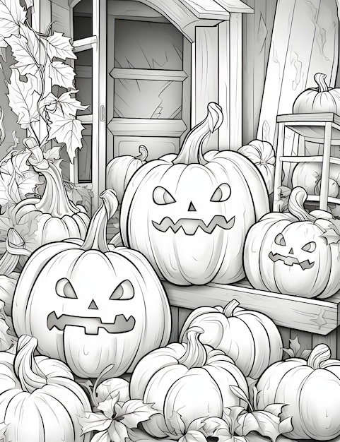 ベクトル 納屋に横たわっているカボチャとジャコランタン ハロウィーンの白黒絵の塗り絵