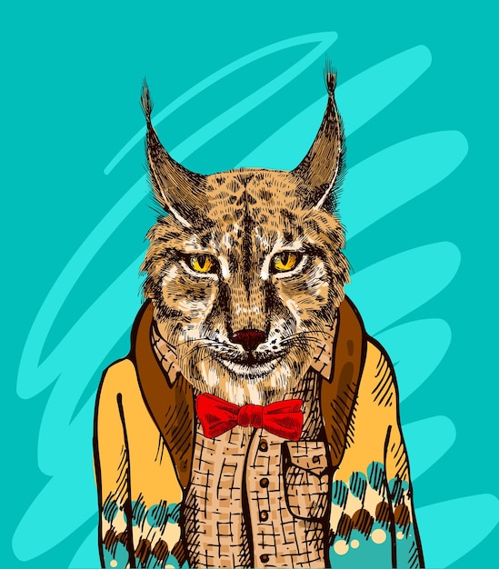 Lynx in gebreide trui Vectorillustratie voor wenskaart poster of print op kleding Modestijl tekening Hipster