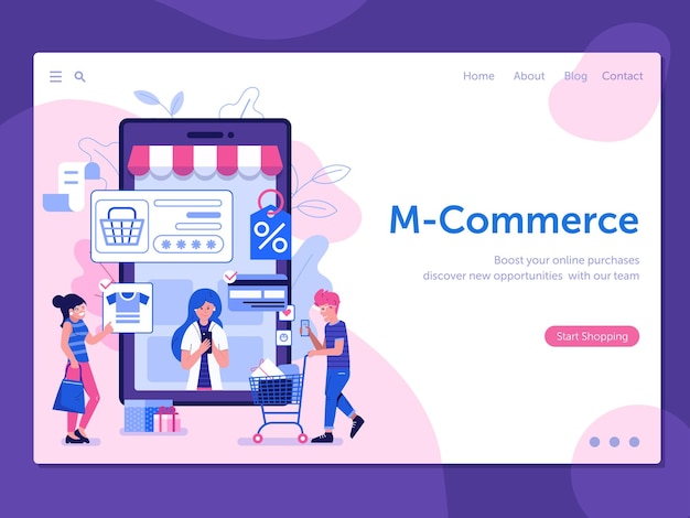 Иллюстрация m commerce с людьми в магазинах