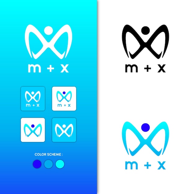 M- en X-letterlogo-ontwerp dat het oneindigheidspictogram vormt en op een mens lijkt