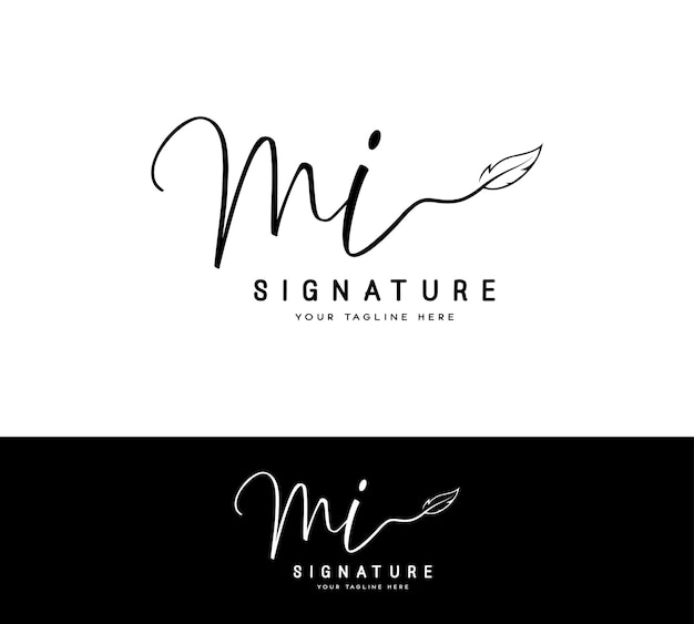 m i mi initial letter signature logo and handwriting leaf