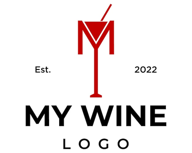 Design del logo del bicchiere di vino monogramma lettera m.