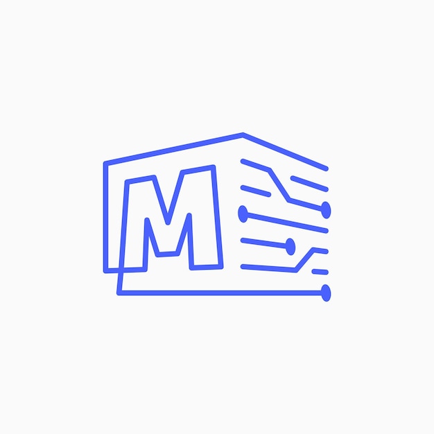 m Letter Tech Electric Circuit cube block Logo Outline Vector Icon Illustration