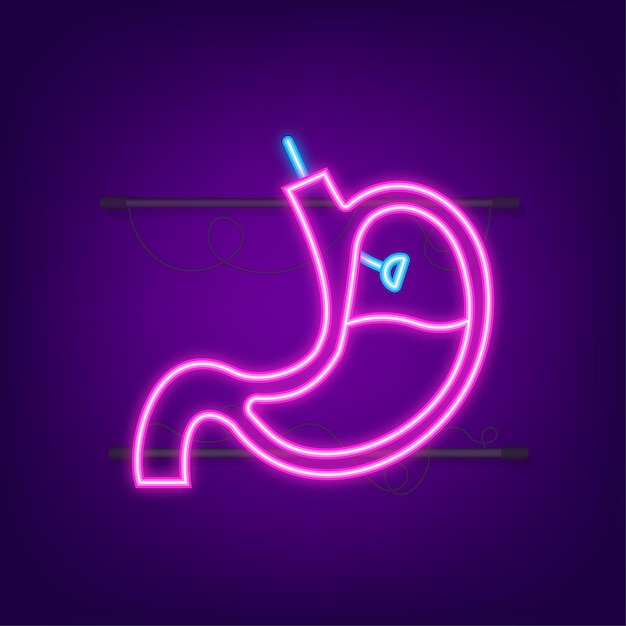 Maag endoscopie. Endoscoop in maag door slokdarm. Neon-stijl. Vector illustratie.