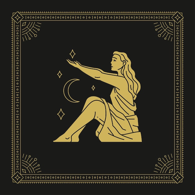 Maagd dierenriem astrologie vrouw godin halve maan sterren lijn art deco gouden vintage kaart ontwerp vector