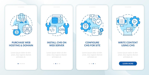 Maak een website met het blauwe onboarding mobiele app-scherm van het CMS-platform